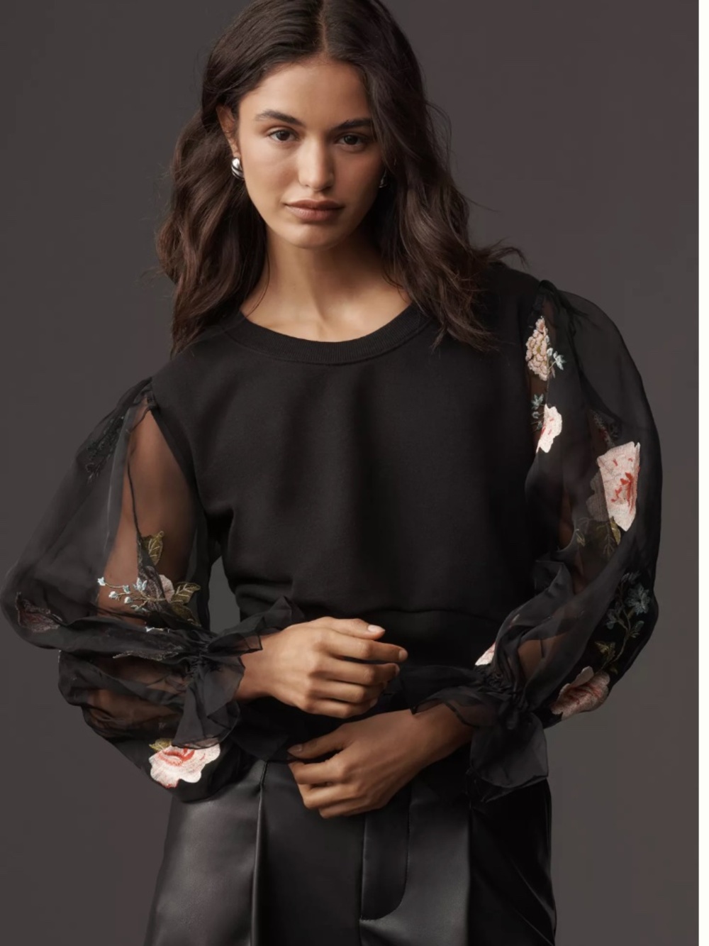 Anthropologie Embroidered Floral Sheer Long-Sleeve Top- size L
